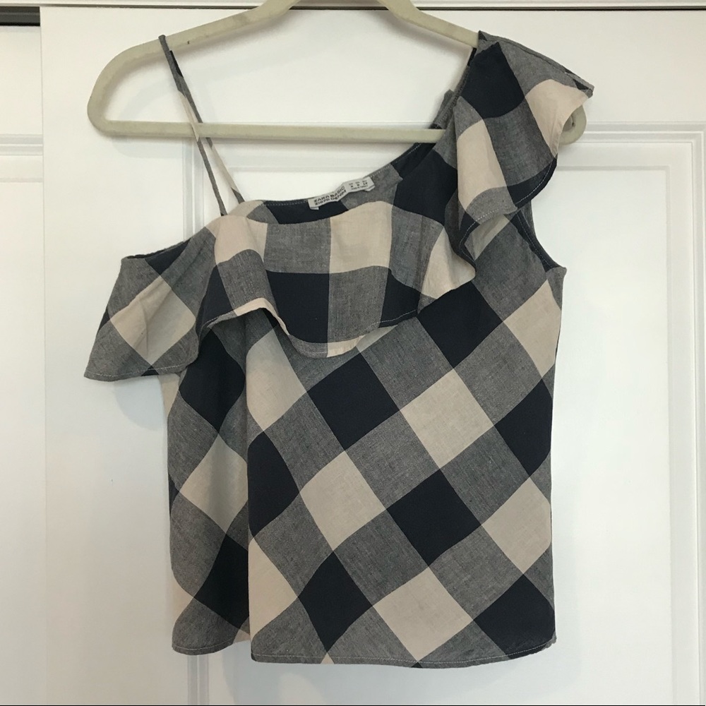 Zara Gingham Ruffle One Shoulder Top